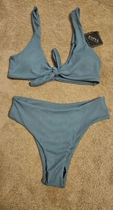 Zaful olivgrün 2-teiliger gerippter Bikini Badeanzug vorne zum Binden Größe 6 Medium neu mit Etikett - Bild 1 von 2