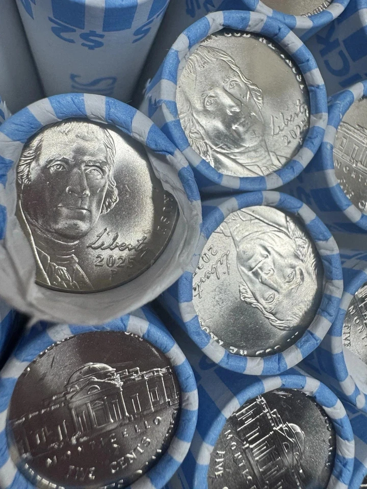 2025 P Jefferson Nickels!  (18) rolls BU Bank Rapped Rolls - Image 1 of 1