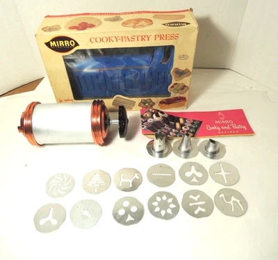 Mirro Aluminum Cookie Press Copper Trim 12 Disks 3 Tips Instructions +Box - Image 1 of 4