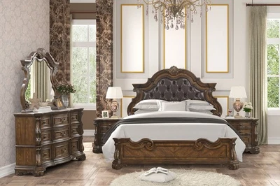 Traditional Dark Brown Eastern King Size 4pc Panel Bed Set Leathered Headboard - Image 1 of 4