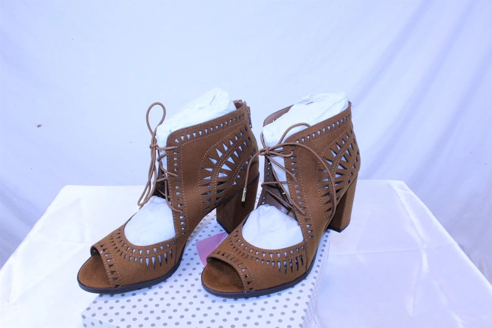 Botas de gamuza sintética punta abierta tacón apilado botines al tobillo marrón talla 7,5 para mujer Foto 1 de 4