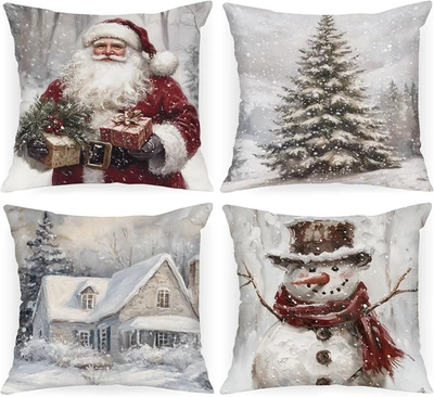 Set Di 4 Federe Cuscini Natalizi 50X50Cm, Cuscini per Divano Babbo Natale Pupazz