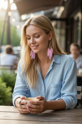 NUEVO CON ETIQUETAS Hermosos Pendientes Boho Rosa Suave Colgantes Imitación Pluma Festival!! Foto 1 de 4