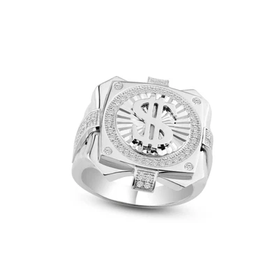 Anillo con signo de dólar helado de plata 925 para hombre rodio brillante hip hop joyería distintiva Foto 1 de 2