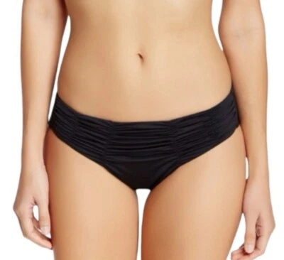 Parte inferior de bikini Badgley Mischka talla 4 negra fruncida lisa tiro bajo minimalista nueva con etiquetas Foto 1 de 4