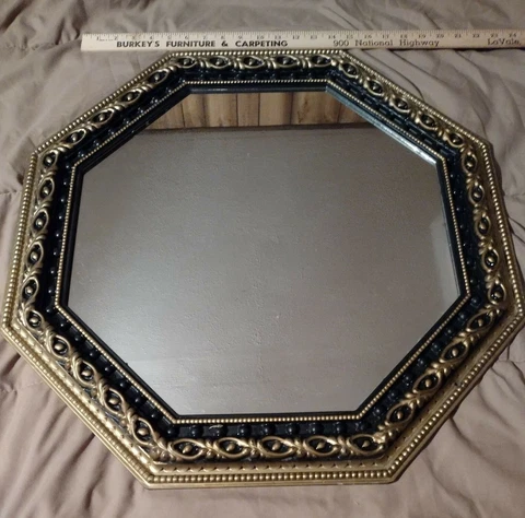 Vintage MCM RETRO Octagonal Gold/Black Gilt Blow Mold Ornate 24" Hanging Mirror Cover