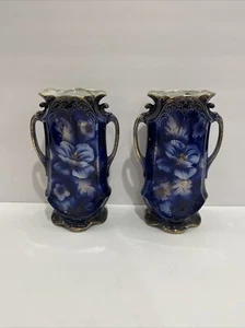 Vintage Antique Flow Blue, Gold Pottery Pair of Floral Vases Singed LYNN - Picture 1 of 21