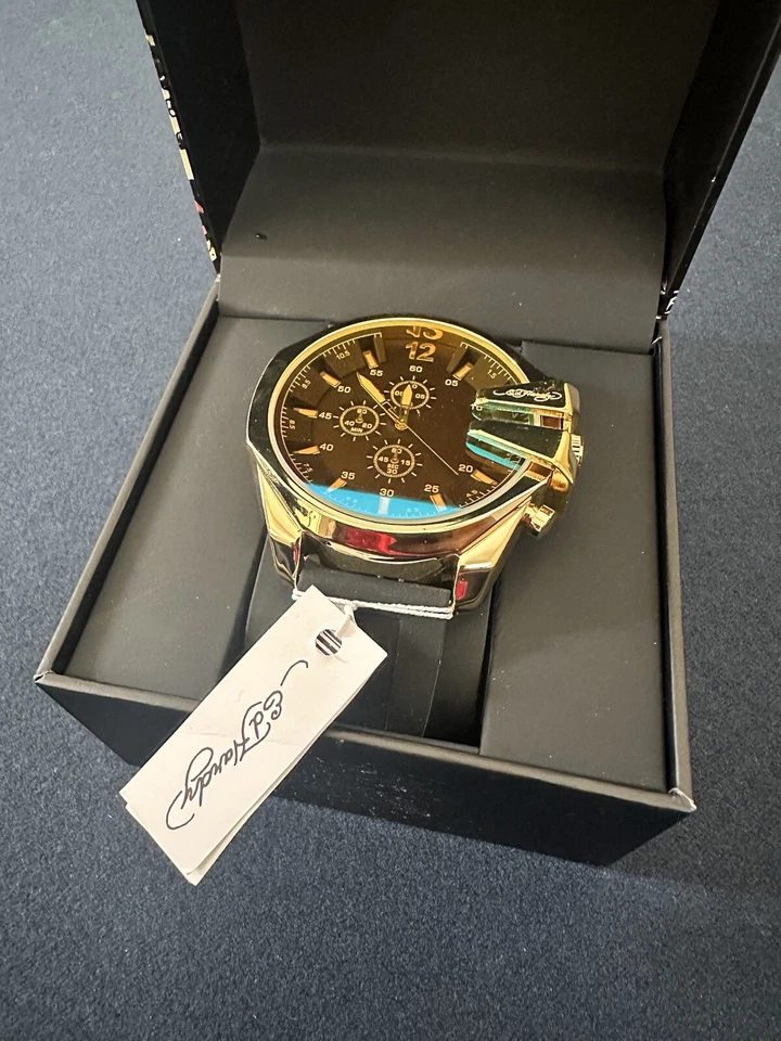 Ed Hardy 9747G-42-G27 Men's Shiny Gold-Tone Metal Bracelet Matte Black Watch