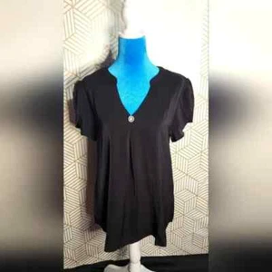Womens formal elegant black short sleeve v neck soft blouse (M) - Picture 1 of 4