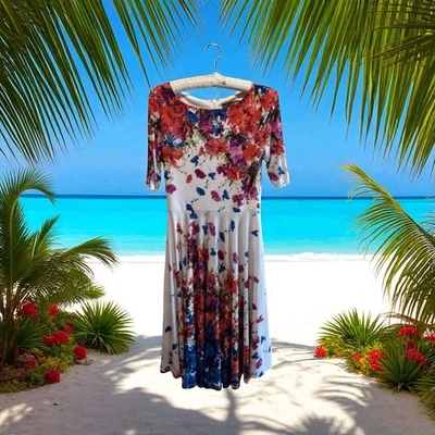 Marc Bouwer Unlimited White Red Blue Purple Floral Fit Flare Zipper Back Dress M - Image 1 of 4