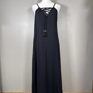 Tommy Bahama Cotton Modal Blend Maxi Dress Black Size Medium Lace Up Stretch - Picture 1 of 9