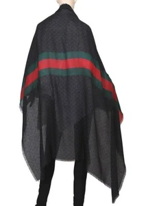 NEW GUCCI BLACK GRAY GG LARGE WEB LOGO OVERSIZE LANA WOOL SHAWL WRAP SCARF - Picture 1 of 6
