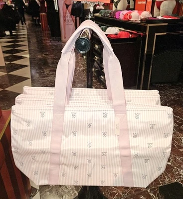 VICTORIA'S SECRET HERITAGE PINK STRIPED CANVAS TOTE BAG ZIPPER RHINESTONES 2025 - Image 1 of 4