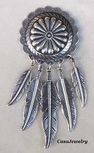 #5032 ANTIQUED STERLING SILVER PLATED CONCHO PIN W/5 FEATHER DROPS - Picture 1 of 2