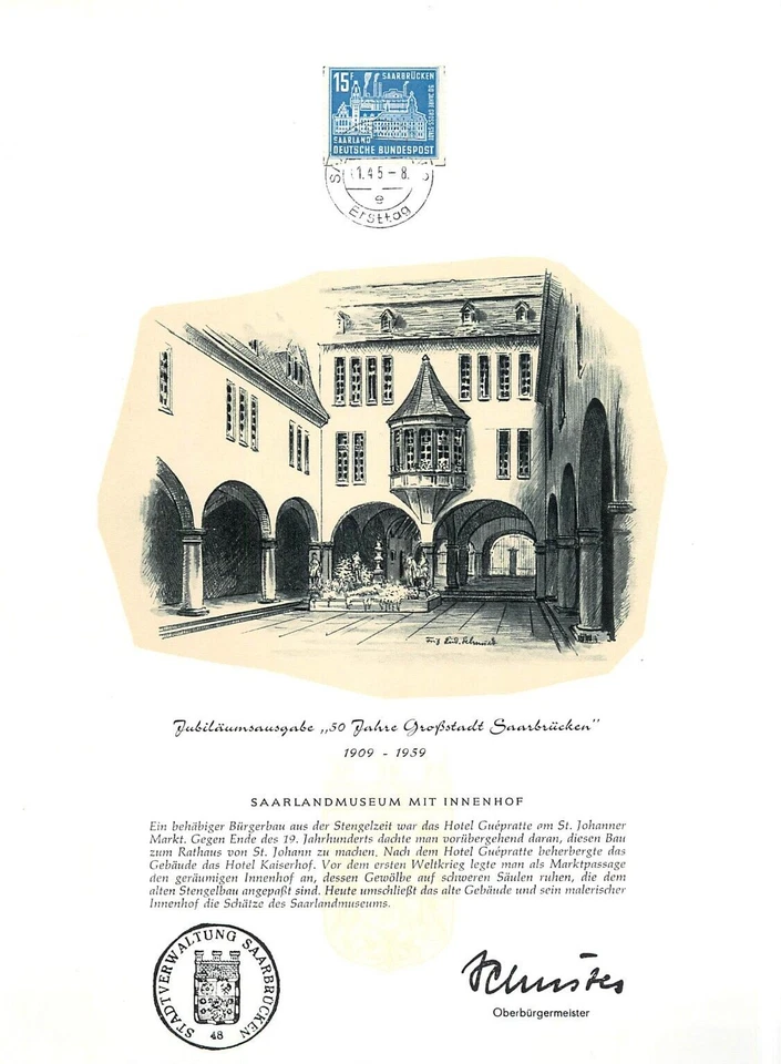 1. Germany 1959 Saarbrucken City Hall mayor printed signature - Image 1 of 1