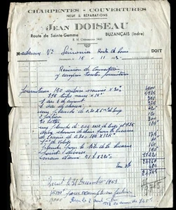 BUZANCAIS (36) CHARPENTE & COUVERTURE "Jean DOISEAU" en 1953 - Afbeelding 1 van 1