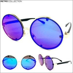 EXAGGERATED Vintage Retro Modern Style SUN GLASSES Round Gold Frame Mirror Lens - Picture 1 of 8