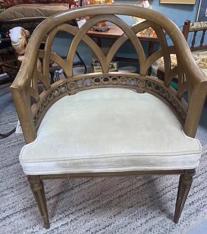 RARE Wooden Hollywood Regency Barrel Chair Carved Cathedral beige Frances Elkins Cover