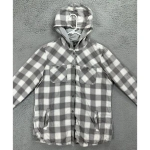 Eddie Bauer Button Up Hoodie Shirt Women Large Grey Checkered Long Sleeve Ladies - Picture 1 of 9