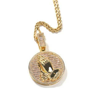 14K Gold Oberfläche betende Hände religiöses Medaillon Hip Hop Anhänger Charm Halskette - Bild 1 von 14