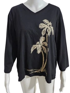 Marushka Black Tee Shirt Top Size XL 3/4 Sleeves Slub Hi-Low Hem Palm - Picture 1 of 9