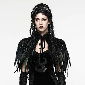 PUNK RAVE Gothic Umhang Black Raven Cape Schwarz Federn Pailletten Halloween - Bild 1 von 9