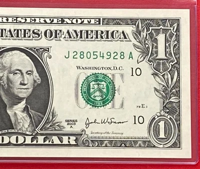 2003A $1 Dollar Bill FRN, ( KANSAS J ) UNCIRCULATED BANKNOTE. - Image 1 of 3