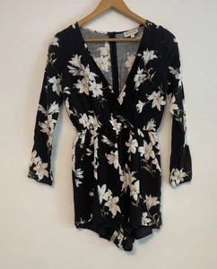 Luck And Trouble Floral Play Suit Romper Size 8 Black Long Sleeve Mini Short - Picture 1 of 15