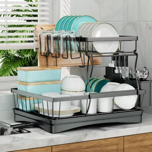 Estante de secado de platos grande de 2 niveles para encimeras de cocina - Imagen 1 de 7