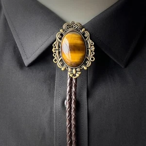 Collana Matrimonio Occhio di Tigre Naturale Pietra Bolo Corona Cowboy Corona Pelle Corda - Foto 1 di 11