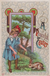 Antique Easter Postcard  Girl feeds Rabbit Peaceful Message - Embossed Gilt - Picture 1 of 2