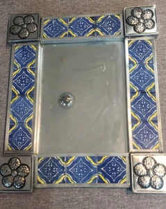 Pre-owned Mexican Tin and blue Ceramic wall mount Mirror - Picture 1 of 7