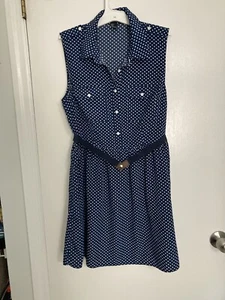 Womens Dress Sleeveless Blue White Dot Button Front Pockets Size Large - Picture 1 of 10