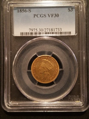 1856- S  $3 Indian Princess Gold Coin *  PCGS VF30 * Mintage Of  34,500 Cover