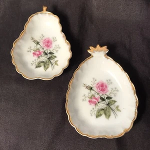 TWO Lefton China Butter Pat Dishes White with Roses & Gold Trim #3216 JAPAN - Picture 1 of 10