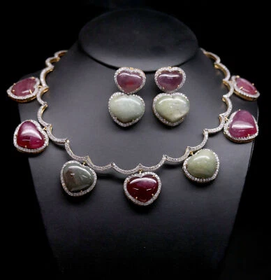 Natural Set 21 X 27 mm. Red Ruby, Green Sapphire & Zircon Silver 925 Sterling - Image 1 of 4