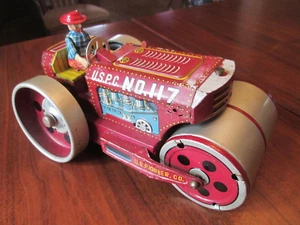 Vintage Yonezawa Tin Litho Road Roller US Pioneer n. Trattore 117 Made in Japan - Foto 1 di 21