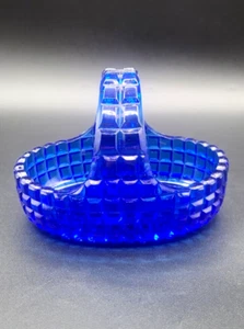 Handle Basket Cobalt Blue Glass Square Block Pattern Candy Dish Heavy - Picture 1 of 6