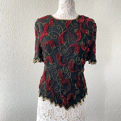 Blusa de seda vintage anos 80 Scala frisada XL preta vermelha pimenta festival ocidental - Imagem 1 de 4