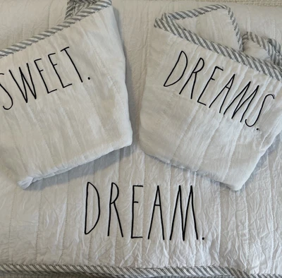 Rae Dunn Sweet Dreams White Queen Quilt 2 Shams with Black & White Ticking Trim - Image 1 of 4