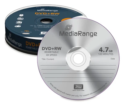 10 MediaRange wiederbeschreibbare Rohlinge DVD+RW 4,7GB 4x fach auf Spindel - Bild 1 von 3