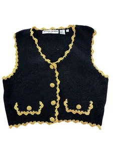 Michael Simon maglione gilet cardigan donna taglia 2 nero/oro bordo smerlato - Foto 1 di 8