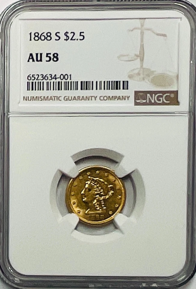 1868-S $2.50 Liberty Head Gold Quarter Eagle - NGC AU58 - SCARCE - Image 1 of 2