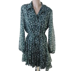 Zara Shirt Dress Womens XXL Green Ecru Floral Printed Button Front Tie Waistline - Picture 1 of 13