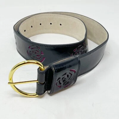 BETSEY JOHNSON Women’s Black Pink Rose Floral Cut Out Wide Belt Gold Hardware M - Image 1 of 4