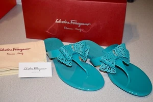 Salvatore Ferragamo Pandy Lace Bow Aqua Blue Jelly Thong Sandals Size 10 NIB HS5 - Picture 1 of 9