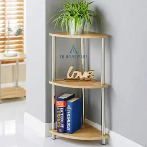 3Tier Oak Finish Corner Shelf Beside Table Storage Shelves Unit Chrome Metal Leg - Picture 1 of 6