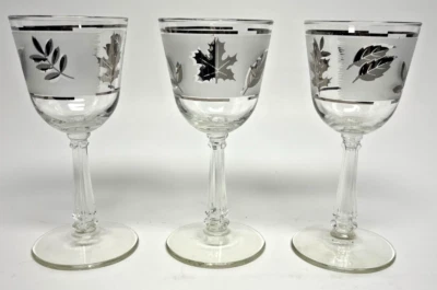 Libbey MCM Frosted Silver Leaf Foliage 5.75"  Wine Liquor Cocktail glasses set 3 - Image 1 of 4