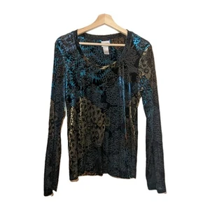 Chicos Velvet Burnout Whimsy Goth Witchy Fairy Long Sleeve Blouse Black Med - Picture 1 of 10