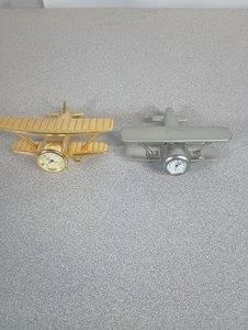 Vintage Gold & Silver Tone Airplane Paperweight Desktop Clock Lot (2) Timex - Picture 1 of 4
